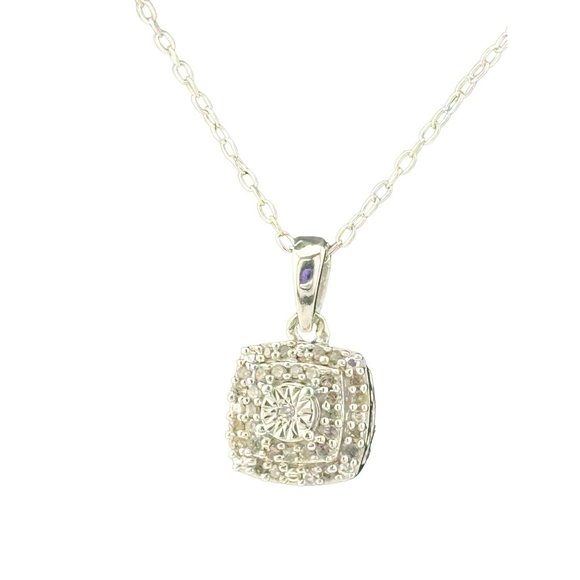 Stunning Cushion Cut 1/4 Carat Diamond Cluster Pendant with Necklace - Sterling - Picture 1 of 10
